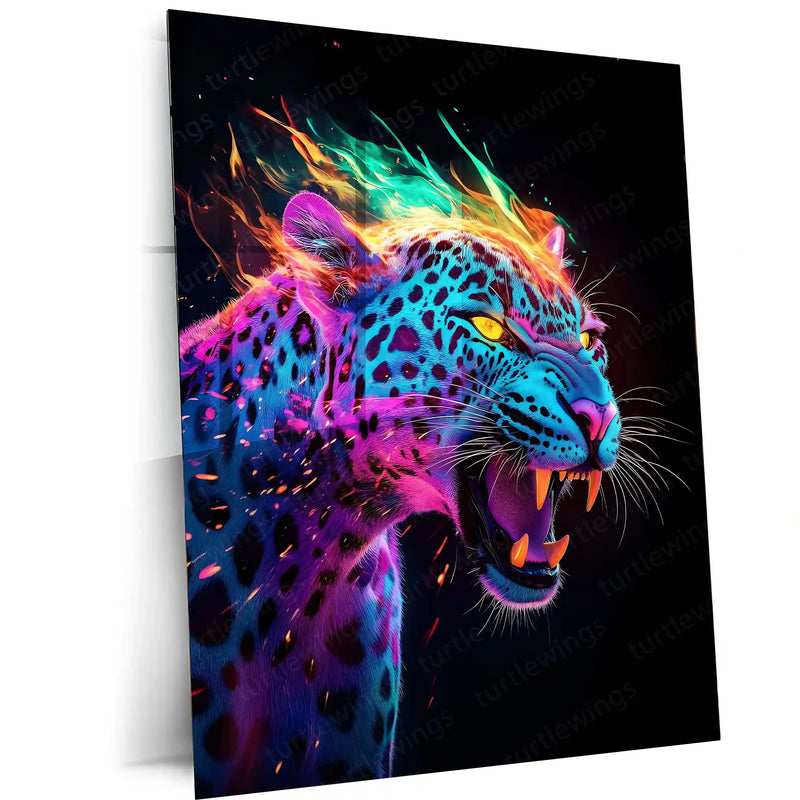 Inferno Hunt – Neon Jaguar Unleashed Metal Poster | Cyberpunk Fantasy Wall Frame