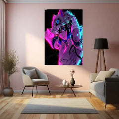 Anime Metal Poster | Inosuke Hashibira – Wild Beast Mode Neon Metal Poster | Demon Slayer Wall Frame