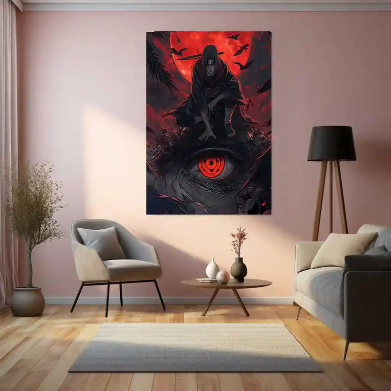 Anime metal poster | Itachi Uchiha – Moonlit Mangekyō Metal Poster | Naruto Anime Wall Frame