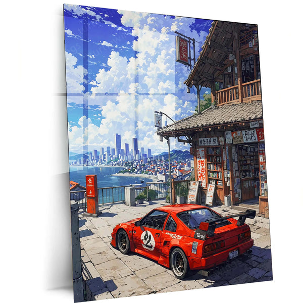 JDM Car x City View – Anime Aesthetic Metal Poster | Night Drive Vibes Wall Art