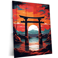 Japanese Torii Gate – Sunset Mountain View Metal Poster | Zen Wall Art Frame