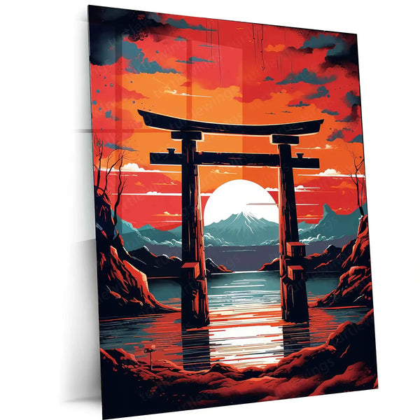 Japanese Torii Gate – Sunset Mountain View Metal Poster | Zen Wall Art Frame