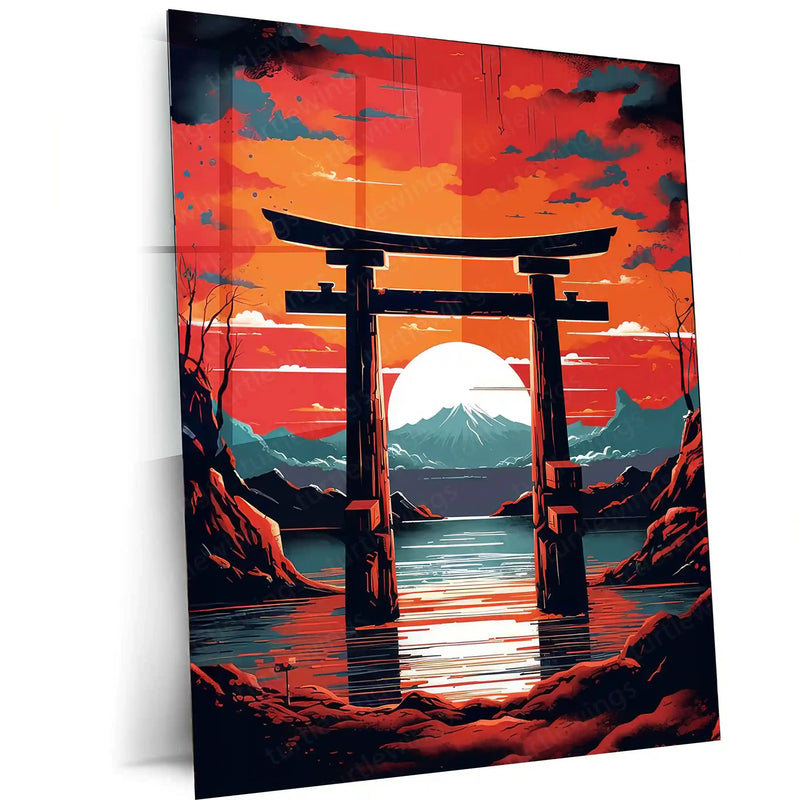 Japanese Torii Gate – Sunset Mountain View Metal Poster | Zen Wall Art Frame