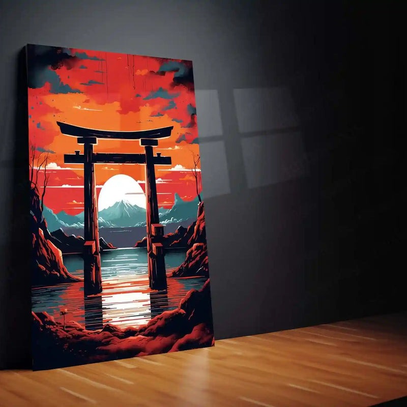 Japanese Torii Gate – Sunset Mountain View Metal Poster | Zen Wall Art Frame