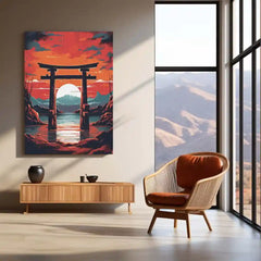 Japanese Torii Gate – Sunset Mountain View Metal Poster | Zen Wall Art Frame