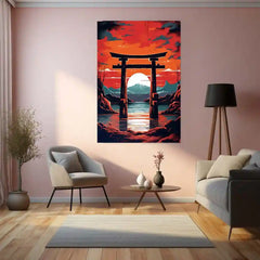 Japanese Torii Gate – Sunset Mountain View Metal Poster | Zen Wall Art Frame