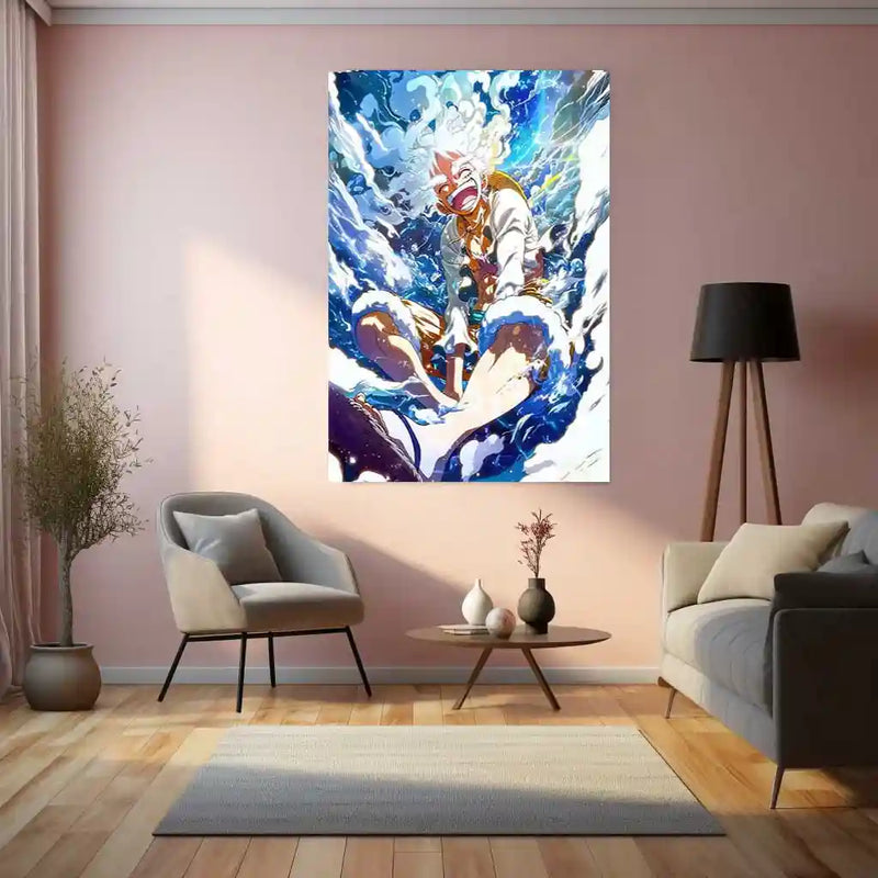 Anime metal poster | Joy of Freedom – Gear 5 Luffy Unleashed Metal Poster | One Piece Anime Wall Frame
