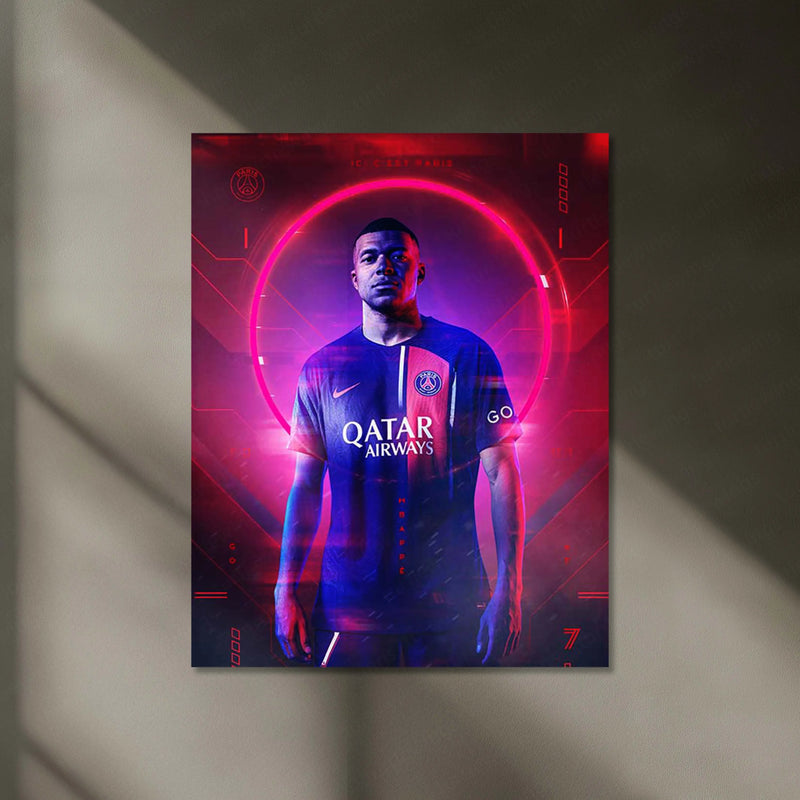 Kylian Mbappé – PSG Neon Glow Edition Metal Poster | Football Superstar LED Wall Frame