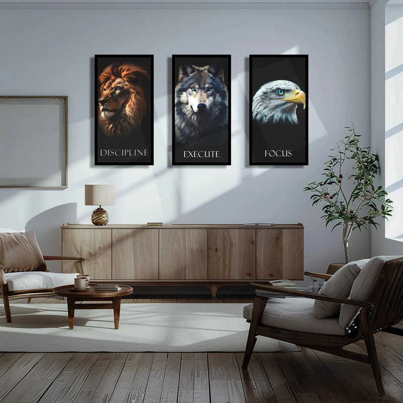 Urban aesthetic Metal Poster | Discipline, Execute, Focus – Motivational 3-Piece Metal Poster Set Fox Egale Lion | With Frame - TURTLEWINGS