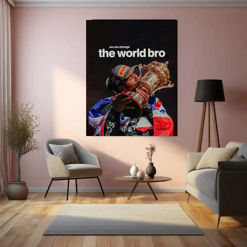 Lewis Hamilton Kissing Trophy – “We Can Change the World, Bro” Metal Poster | Legacy x Purpose Wall Art