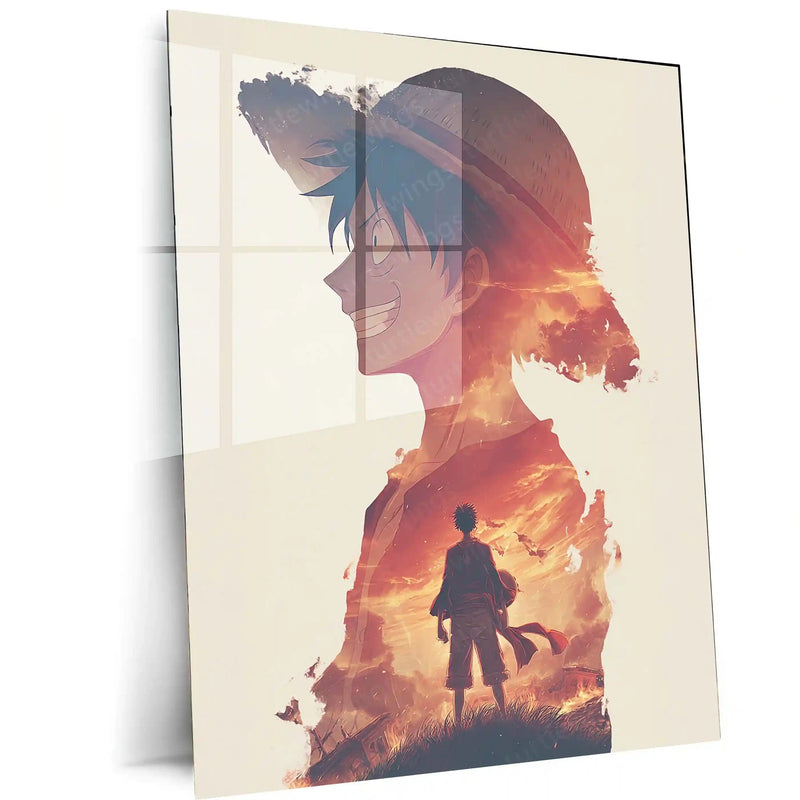 Luffy with Sunset Double Exposure – One Piece Metal Frame | Dreamy Anime Wall Art | Aesthetic Straw Hat Poster