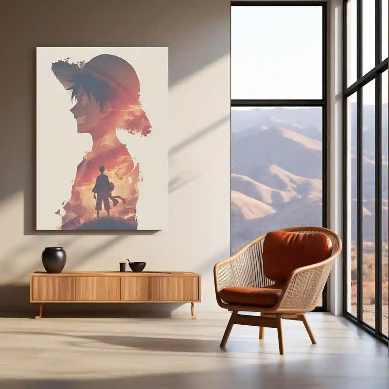 Luffy with Sunset Double Exposure – One Piece Metal Frame | Dreamy Anime Wall Art | Aesthetic Straw Hat Poster