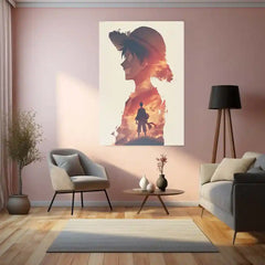 Luffy with Sunset Double Exposure – One Piece Metal Frame | Dreamy Anime Wall Art | Aesthetic Straw Hat Poster
