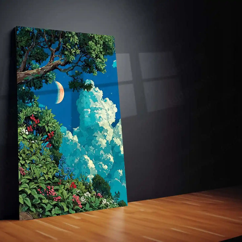 Lush Forest and Crescent Moon – Ghibli-Inspired Nature Metal Frame | Tranquil Landscape Wall Art | Dreamy Forest Poster