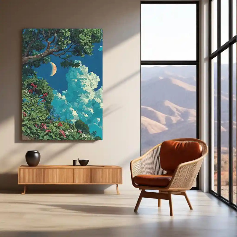 Lush Forest and Crescent Moon – Ghibli-Inspired Nature Metal Frame | Tranquil Landscape Wall Art | Dreamy Forest Poster