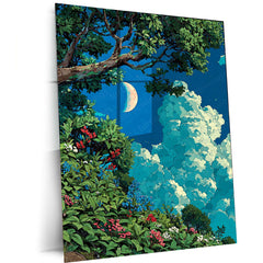 Lush Forest and Crescent Moon – Ghibli-Inspired Nature Metal Frame | Tranquil Landscape Wall Art | Dreamy Forest Poster