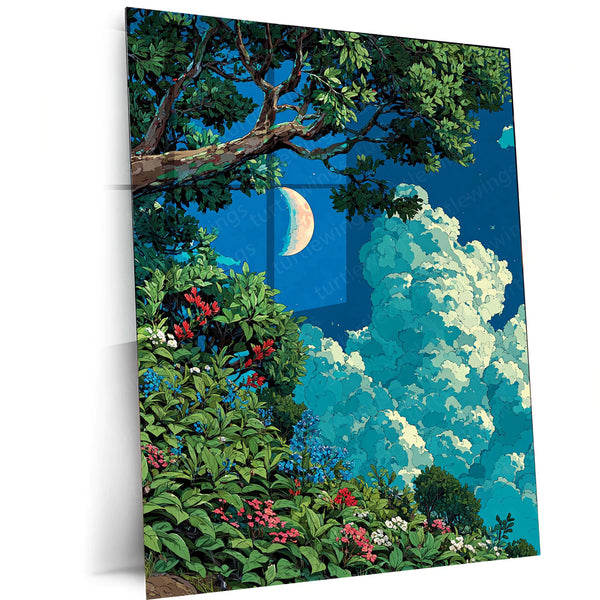 Lush Forest and Crescent Moon – Ghibli-Inspired Nature Metal Frame | Tranquil Landscape Wall Art | Dreamy Forest Poster