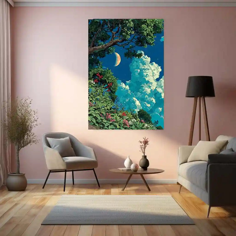 Lush Forest and Crescent Moon – Ghibli-Inspired Nature Metal Frame | Tranquil Landscape Wall Art | Dreamy Forest Poster