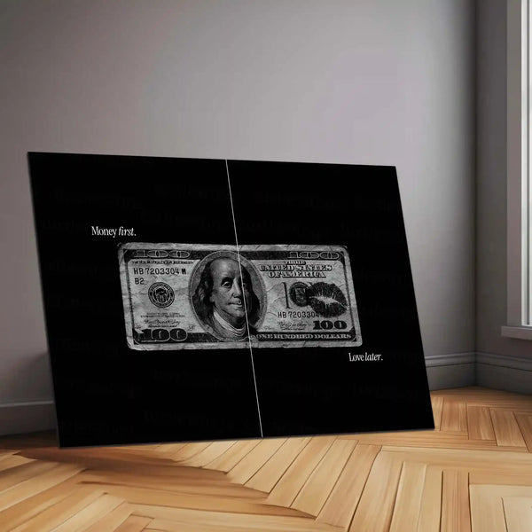 MONEY FIRST, LOVE LATER – Dollar Aesthetic Metal Frame | Hustle Quote Wall Art | Bold Typography Poster