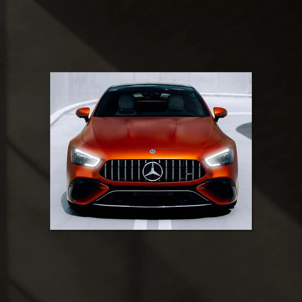 Mercedes-AMG GT Coupé – Matte Orange Edition Neon LED Metal Poster | Luxury Sports Car Wall Frame