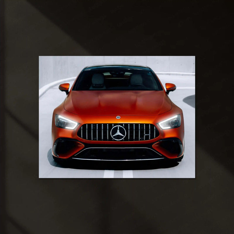Mercedes-AMG GT Coupé – Matte Orange Edition Neon LED Metal Poster | Luxury Sports Car Wall Frame