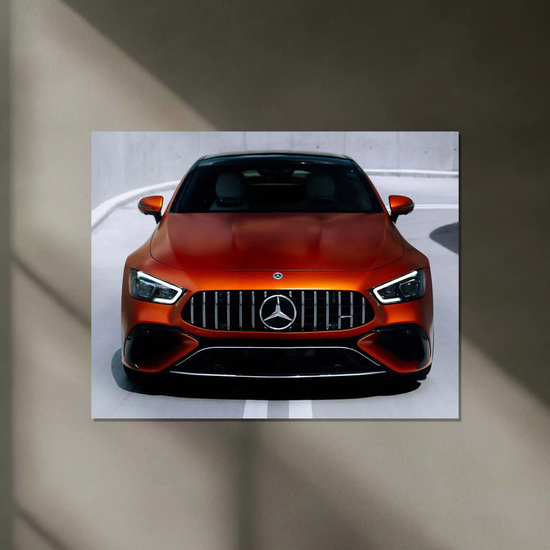 Mercedes-AMG GT Coupé – Matte Orange Edition Neon LED Metal Poster | Luxury Sports Car Wall Frame