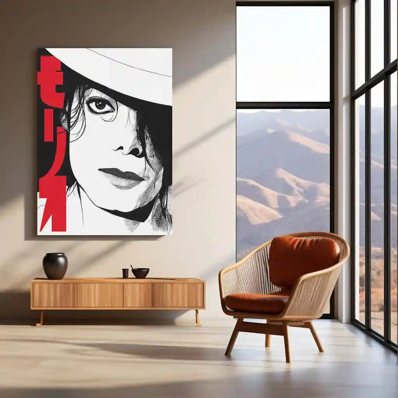 Michael Jackson Pop Art Portrait – Manga Style Metal Frame | Black & White Japanese Text Poster | King of Pop Tribute