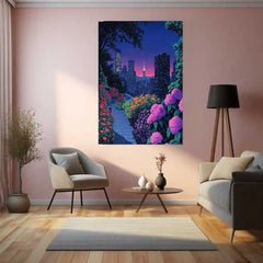 Midnight Garden in the City – Elegant Nightscape Metal Poster | Urban Nature Wall Frame