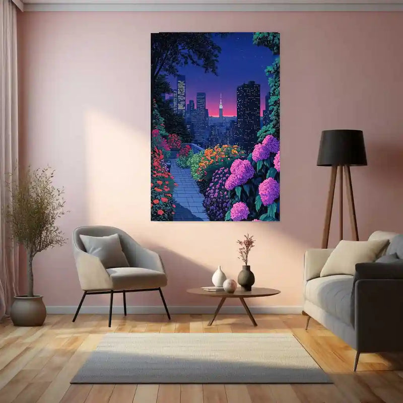 Midnight Garden in the City – Elegant Nightscape Metal Poster | Urban Nature Wall Frame