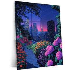 Midnight Garden in the City – Elegant Nightscape Metal Poster | Urban Nature Wall Frame