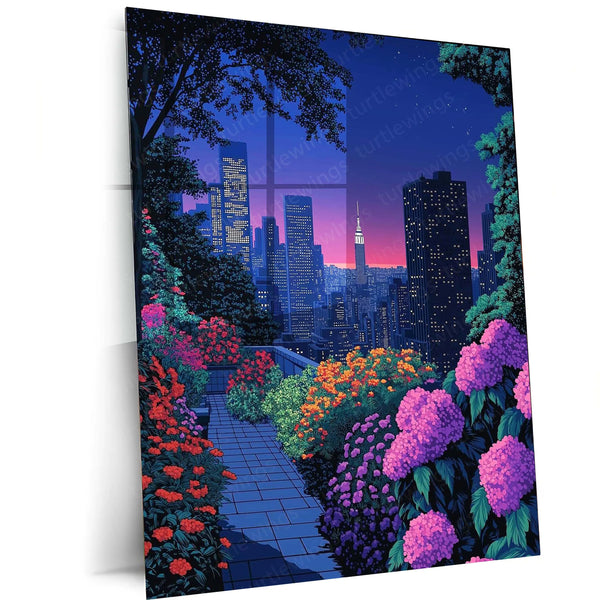 Midnight Garden in the City – Elegant Nightscape Metal Poster | Urban Nature Wall Frame
