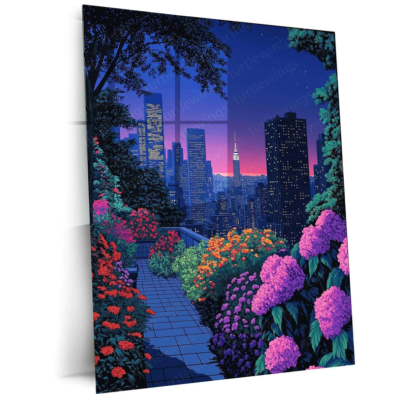 Midnight Garden in the City – Elegant Nightscape Metal Poster | Urban Nature Wall Frame