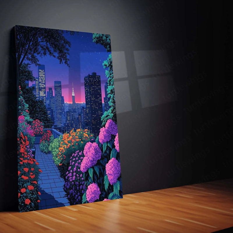 Midnight Garden in the City – Elegant Nightscape Metal Poster | Urban Nature Wall Frame