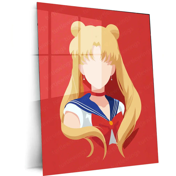 Minimal Sailor Moon Vector Art – Faceless Anime Girl Metal Frame | Magical Girl Aesthetic Wall Decor