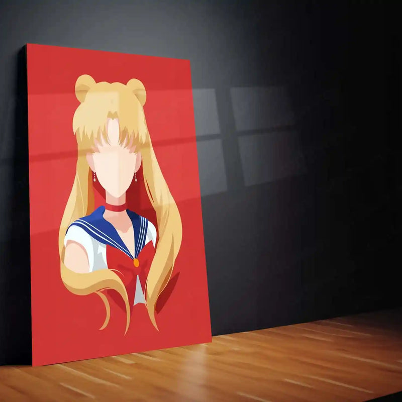 Minimal Sailor Moon Vector Art – Faceless Anime Girl Metal Frame | Magical Girl Aesthetic Wall Decor