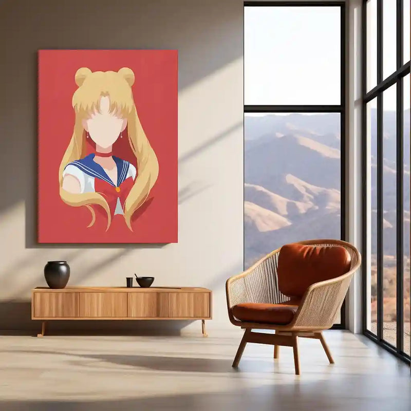 Minimal Sailor Moon Vector Art – Faceless Anime Girl Metal Frame | Magical Girl Aesthetic Wall Decor