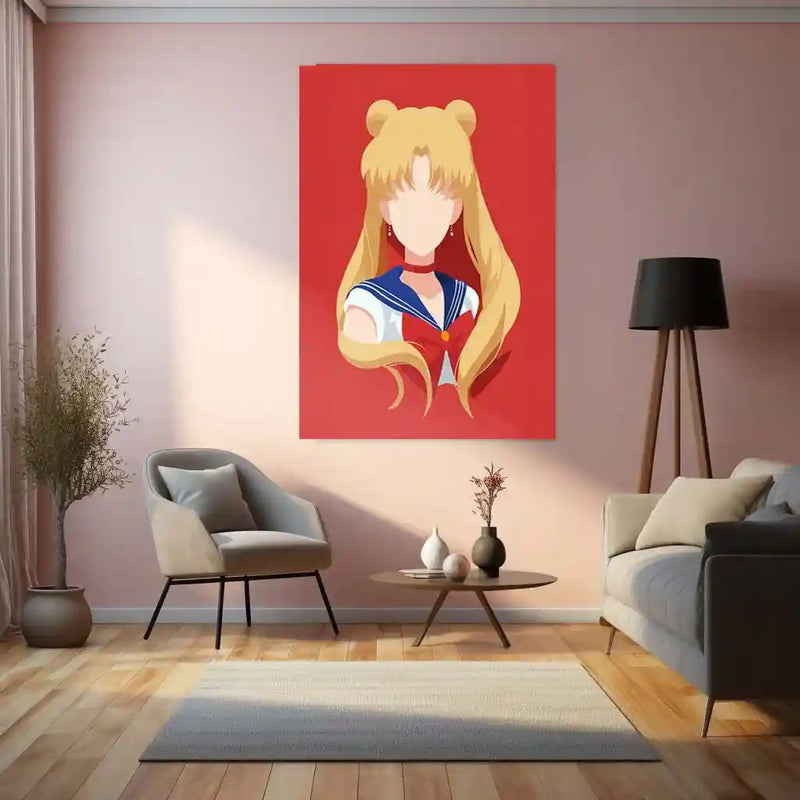 Minimal Sailor Moon Vector Art – Faceless Anime Girl Metal Frame | Magical Girl Aesthetic Wall Decor