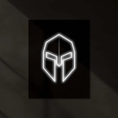 Minimalist Spartan Helmet – Neon LED Metal Poster | Warrior Spirit Wall Frame