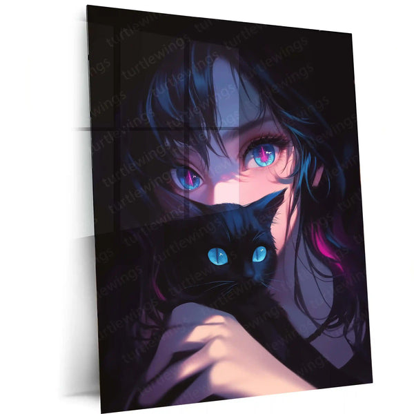 Moonlit Gaze – Girl and Her Cat Metal Poster | Dreamy Night Wall Frame