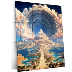 Mythical City of Light – Futuristic Celestial Temple Metal Frame | Fantasy Architecture Wall Art | Dreamlike Sci-Fi Landscape