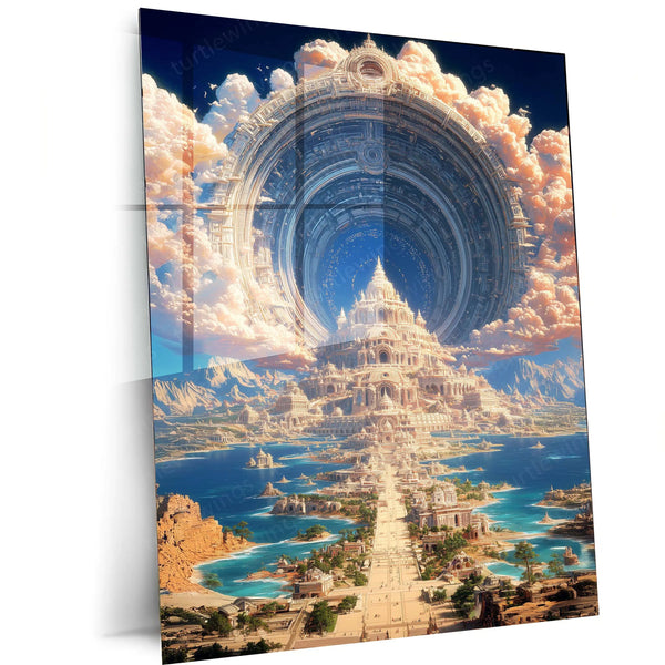 Mythical City of Light – Futuristic Celestial Temple Metal Frame | Fantasy Architecture Wall Art | Dreamlike Sci-Fi Landscape