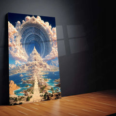 Mythical City of Light – Futuristic Celestial Temple Metal Frame | Fantasy Architecture Wall Art | Dreamlike Sci-Fi Landscape