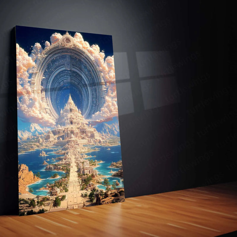 Mythical City of Light – Futuristic Celestial Temple Metal Frame | Fantasy Architecture Wall Art | Dreamlike Sci-Fi Landscape