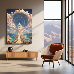 Mythical City of Light – Futuristic Celestial Temple Metal Frame | Fantasy Architecture Wall Art | Dreamlike Sci-Fi Landscape