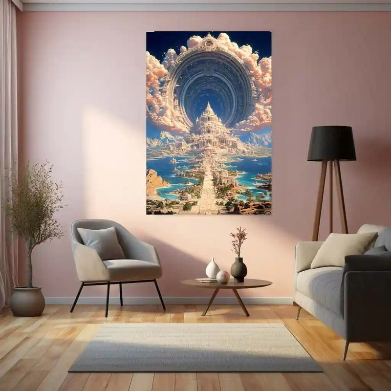 Mythical City of Light – Futuristic Celestial Temple Metal Frame | Fantasy Architecture Wall Art | Dreamlike Sci-Fi Landscape
