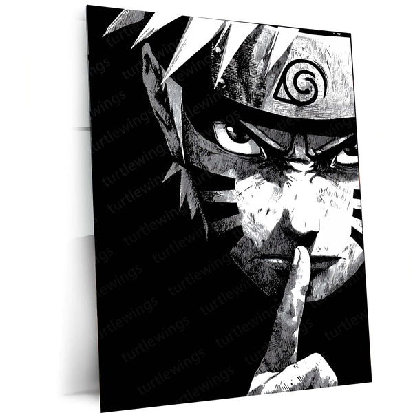 Naruto Silence Gesture – Black and White Metal Frame | Minimal Anime Wall Art | Shinobi Mood Poster for Fans