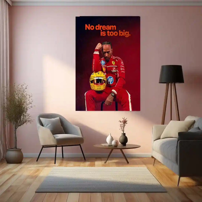 No Dream Is Too Big – Lewis Hamilton in Ferrari Suit Motivational Metal Frame | F1 Racing Wall Art - TURTLEWINGS