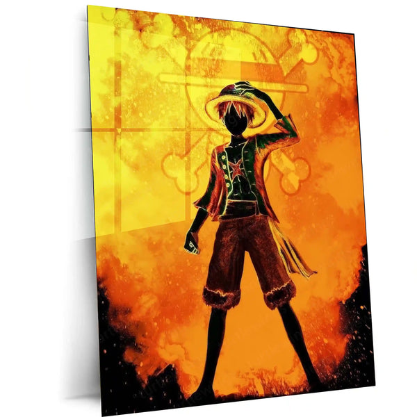 Anime Metal Frame | One Piece – Luffy Fiery Silhouette Metal Poster | Anime Wall Frame