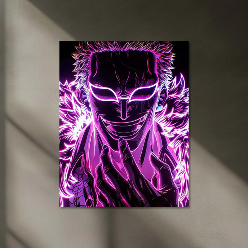 One Piece – Doflamingo Smirk Glow Neon LED Metal Poster | Anime Villain Wall Frame