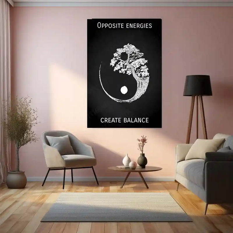 Opposite Energies Create Balance Metal Poster | Yin Yang Inspirational Wall Frame